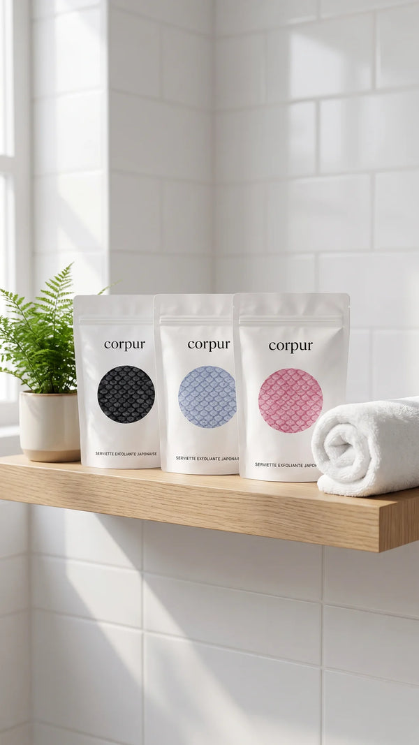 Les trois sachets Corpur, noir, bleu et rose, posés sur une étagère de salle de bain