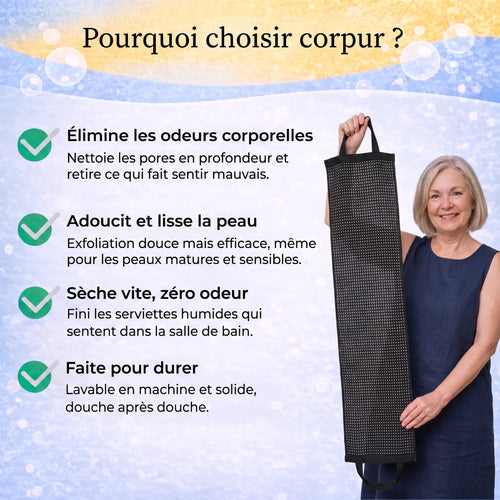 Serviette de douche exfoliante antibactérienne à poignées – 120 cm